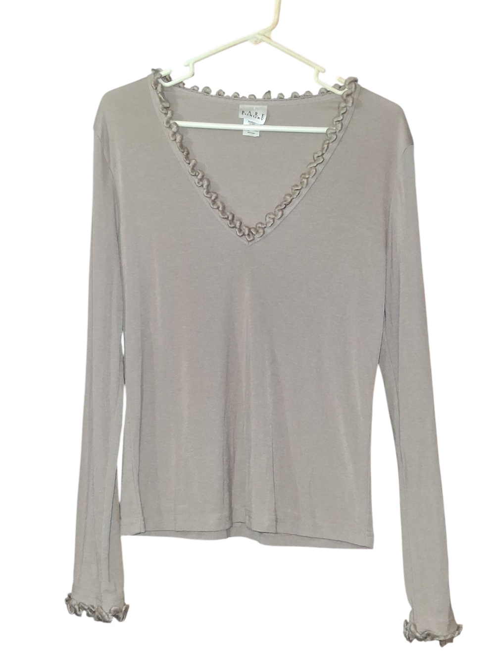 Casual V-Neck Long Sleeve Top with Ruffle Trim - Taupe